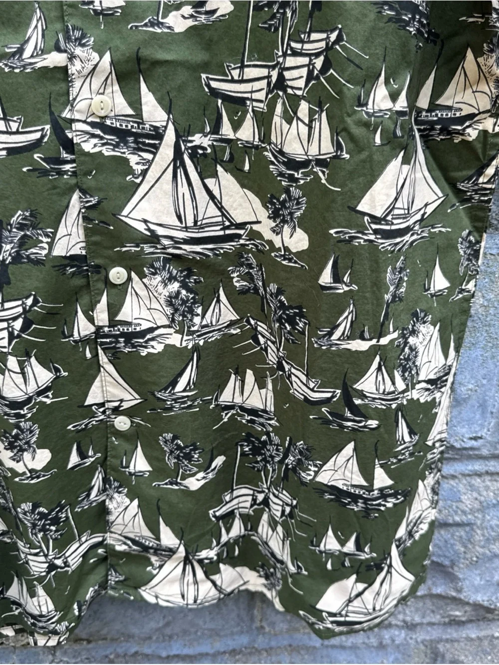Banana Republic Ship Palm Tree AOP Resort Shirt Mens Camp Collar SS Button Up L